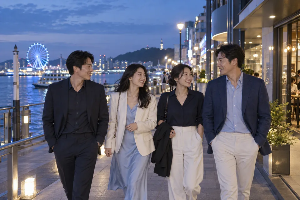 월미도 해안 산책로의 성인 단체 모임
